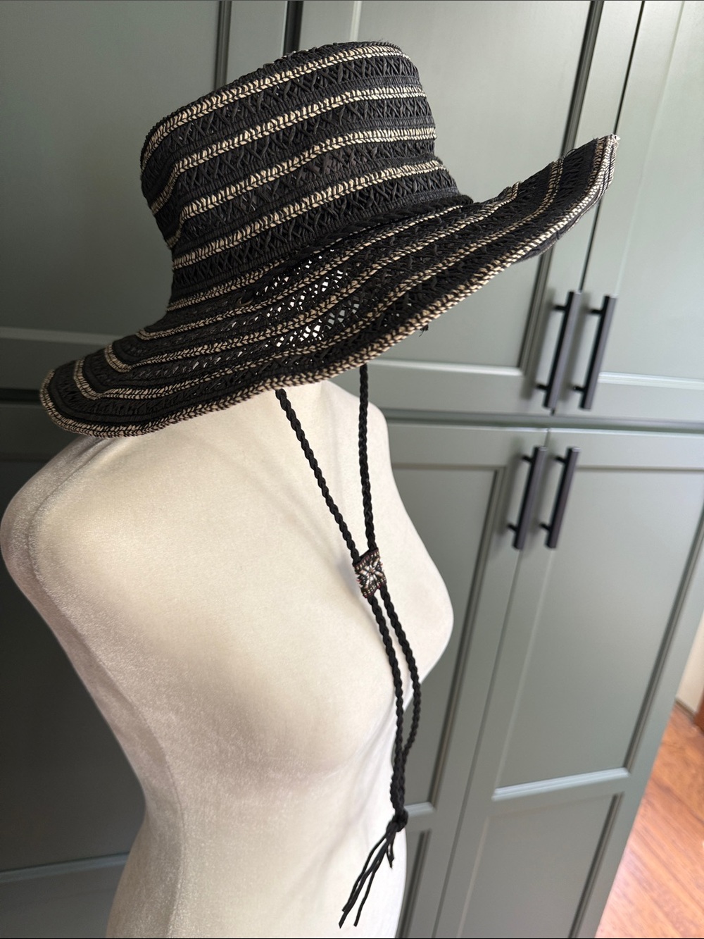 Cappelli Woven Black Straw Sun Hat with Chin Cord